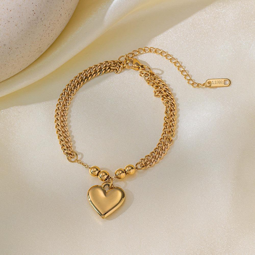Simple Trendy Stainless Steel Heart Pendant Double-layer Necklace Bracelet Set for Women Valentine's Day Gift Non-fading Jewelry