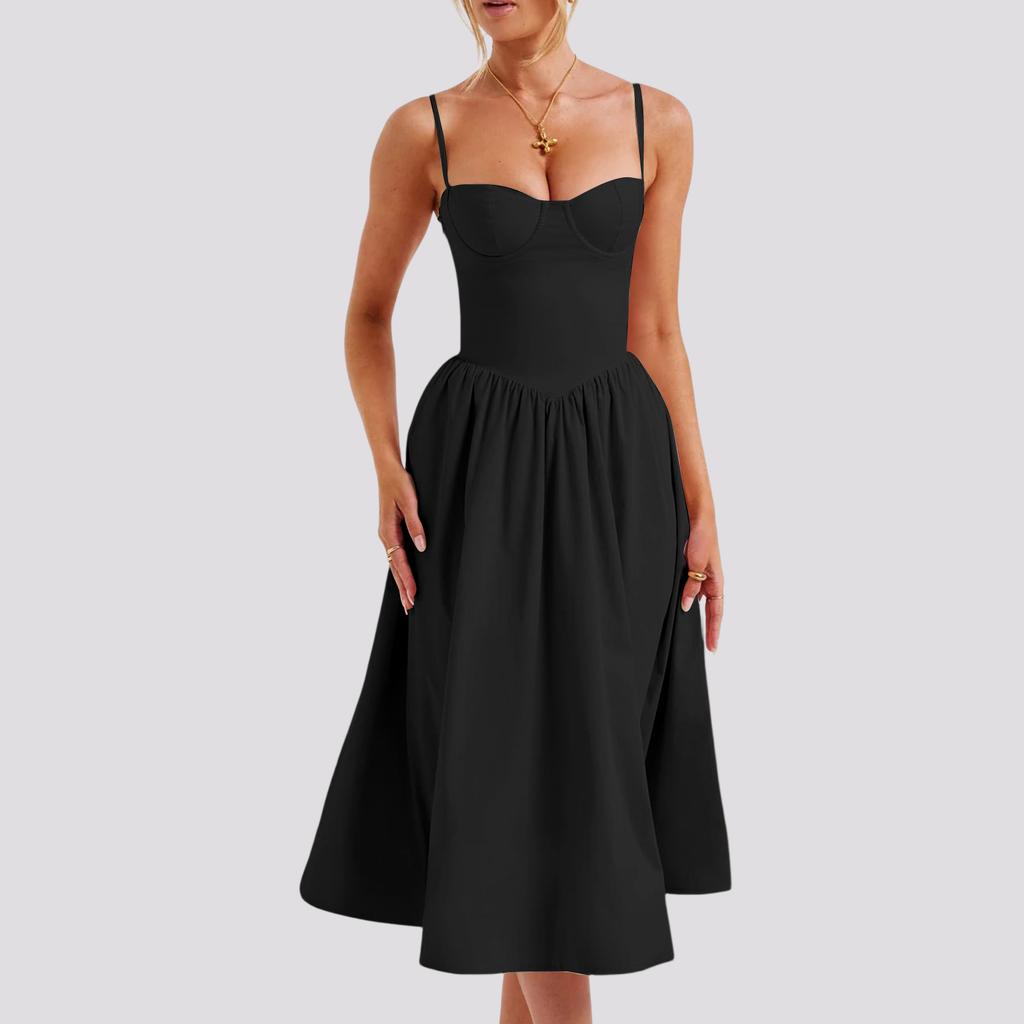 Women's Summer A-Line Midi Dress Sleeveless Spaghetti Strap Slim Fit Waist Casual Dress