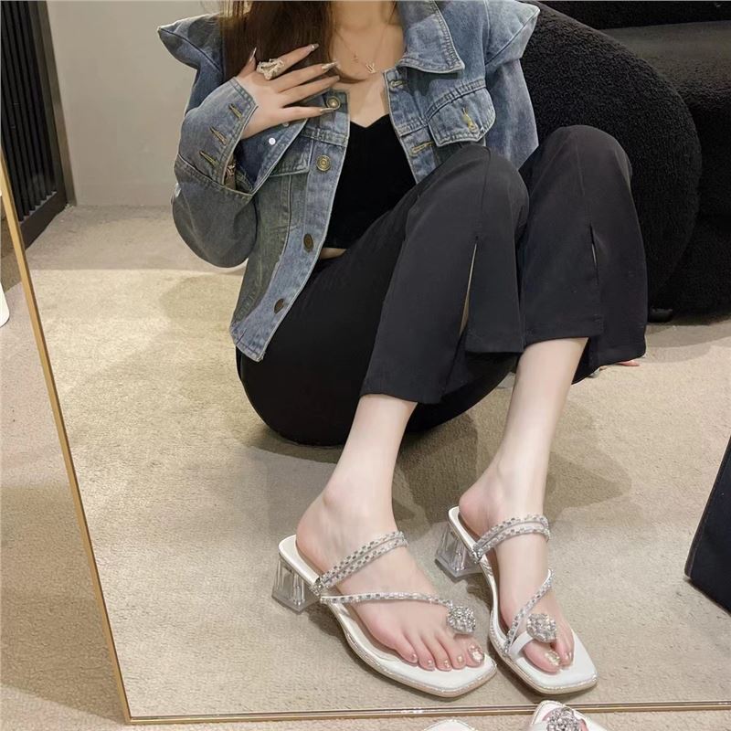 Heel Shoes Women's New Models In the Summer of 2024 with Rhinestones, Toe Sandals, Square Head Transparent Thick Heel, and Cool Slippers