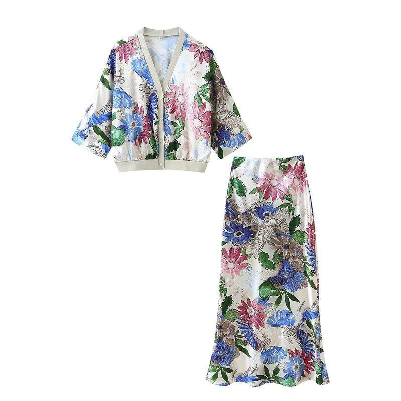 

Araltay New Western Style Women clothes Versitile Fashion Simple Two-Color Short sleeve Patchwork Print Skirt Set Red L