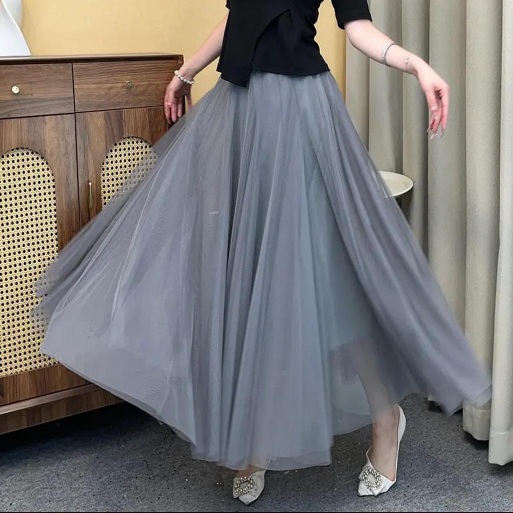 Damen Lila Mesh Midi Rock mit hoher Taille - 720° Schwung A-Linien Tüllrock für Square Dance und Fotoshootings