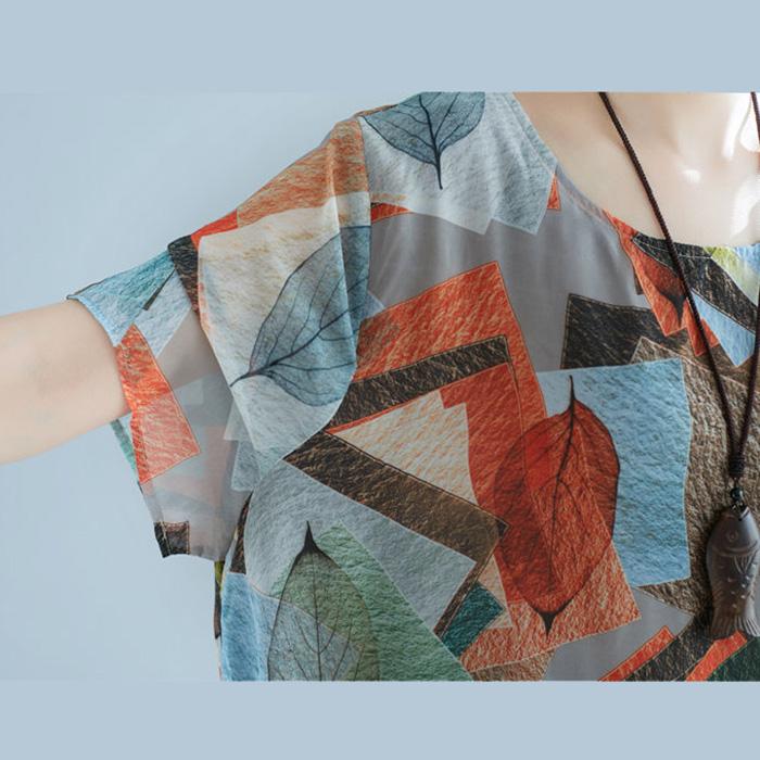 Damenbekleidung Chiffonkleid Große Größe Locker Rundhals Kurzarm Druck Mittellang