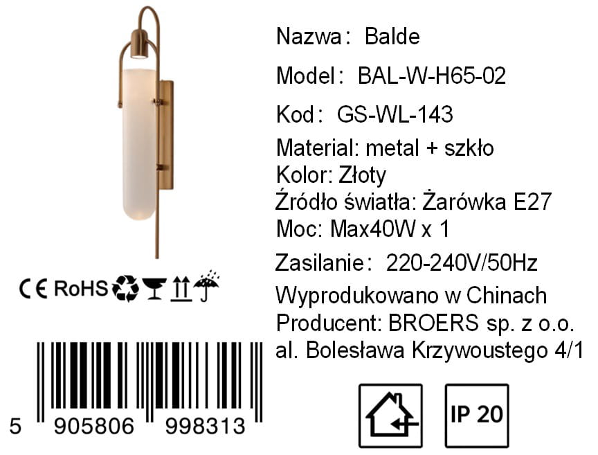 Balde - LED Wall Lamp 65 cm Gold Metal + Glass