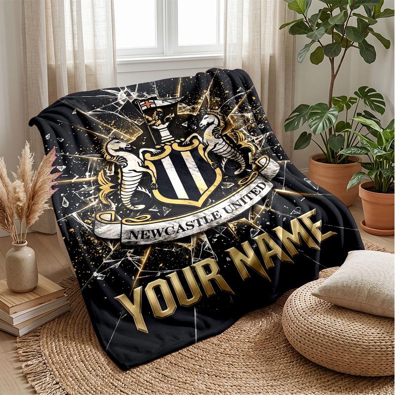 Newcastle United FC Custom Name Text Flannel Blanket Soccer Logo Personalized Fleece Throw Blanket Special Gift For Sofa Bedroom Home