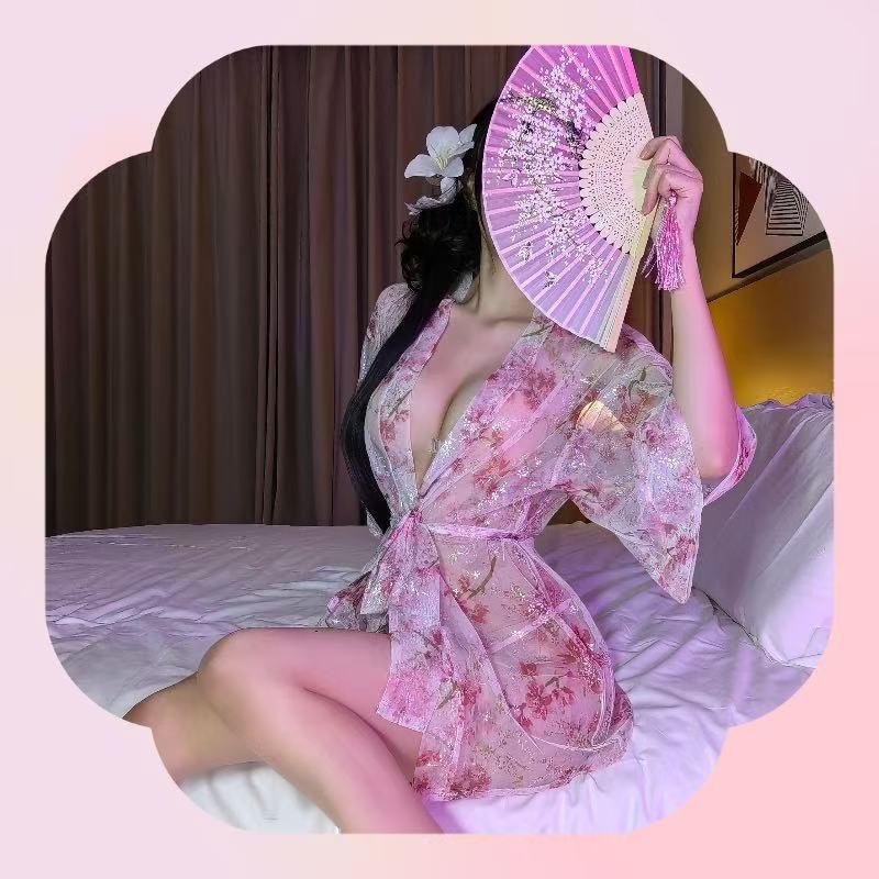 Alluring Deep V Japanese Kimono Pajamas Set with Sheer Outer Blouse and Bathrobe - Women's Sensual Lingerie