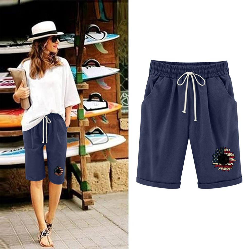 Shorts in Übergröße für Damen, dehnbar, kurvig, aus Baumwolle und Leinen, mit Kordelzug, elastischer Bund, Bermudashorts, lässige Strandkleidung
