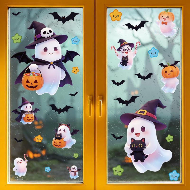 Cute Halloween Window Clings With Ghost Pumpkin Bat Patterns Easy Peel Design For Home Party Decorations