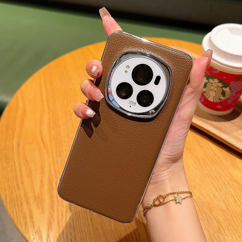 

Luxury PU Lychee Pattern Plain Leather Case for Huawei Honor Magic 6 Pro Magic6 Electroplated Bumper Protective Back Shell Cover Magic6Pro темный кофе
