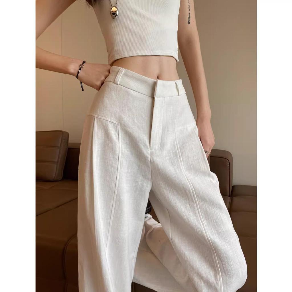Women's High-Waisted Wide-Leg Linen Pants - White Summer Drape Style