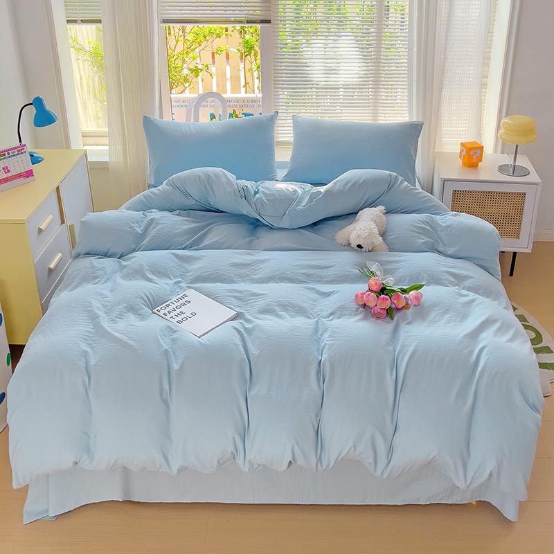 Solid Color Spliced Washed Cotton Bedding Set Moisture Absorbing Breathable Bed Sheet Envelope Pillowcase Dust Proof Mattress Protective Cover