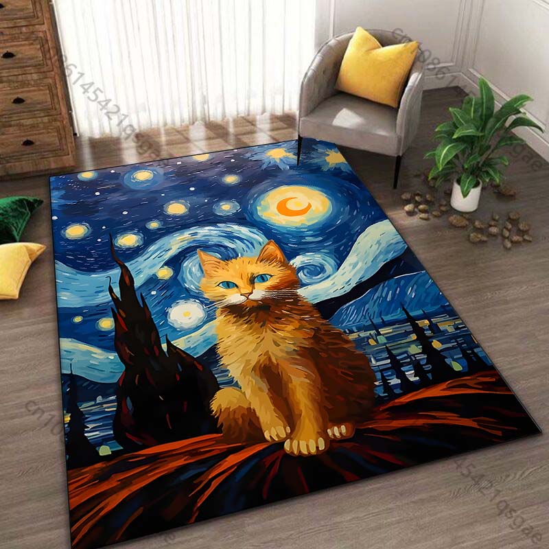1PC Cat and Starry Night Background Print Carpet Rug for Living Room Bedroom Sofa Doormat Home Decor Non-slip Floor Mat