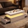 LED Coffee Table with Storage, Modern 2-Level Living Room Table with 2 Drawers, High Gloss White