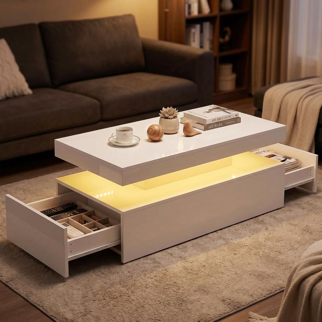 LED Coffee Table with Storage, Modern 2-Level Living Room Table with 2 Drawers, High Gloss White