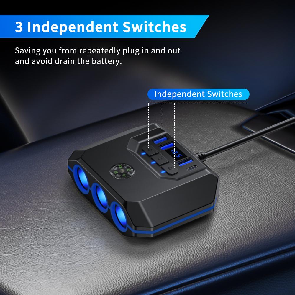 7 In 1 Cigarette Lighter Splitter 120W 3Ports Car Charger Adapter USB PD Power Socket With ON/OFF Outlet Switches