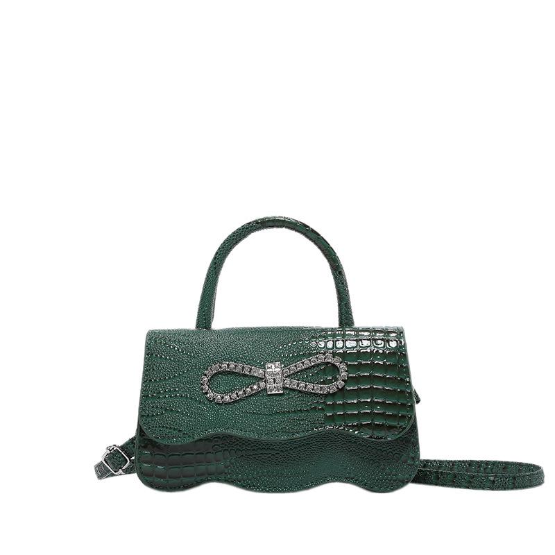 Crocodile Pattern Women'S Bag With Diamond Bow Retro Solid Color Casual Shoulder Crossbody Portable Small Square Bag Tide
