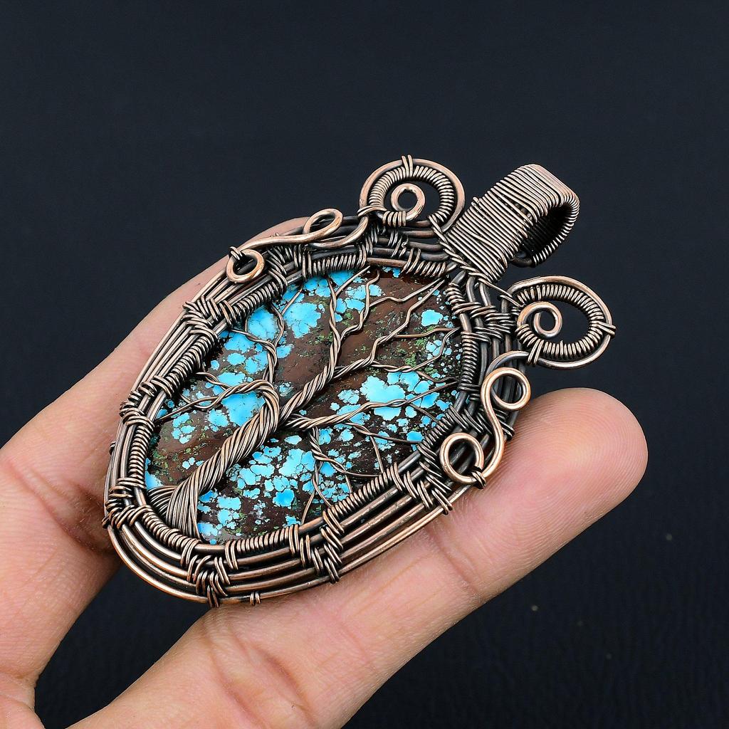 Tree Of Life Tibetan Turquoise Pendant, 999 Copper Wire Wrapped Gemstone Jewelry, Handmade Pendant, For Thanksgiving