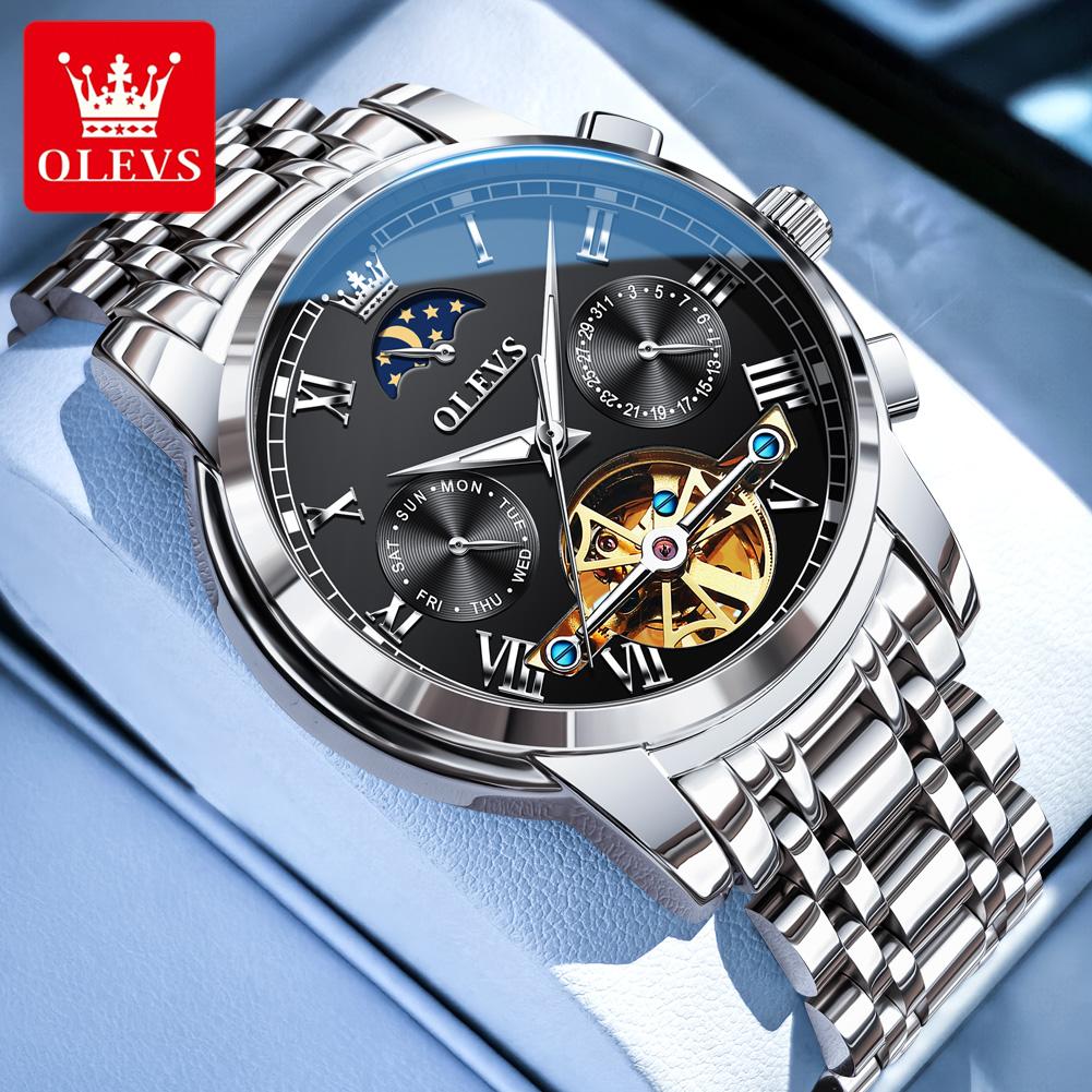 OLEVS Uhren Für Mann Mondphase Luxus Edelstahl Schwungrad Mechanische Handuhr Datum Wasserdicht Leuchtend Herrenuhr 6617