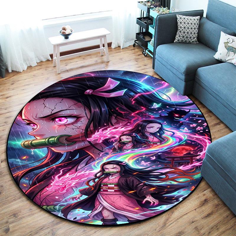 Classic Japanese-style Cartoon Demon Slayer Round Rug, Home Soft Decorative Anti-slip Yoga Mat and Chair Mat, Outdoor Floor Mat Carpet K27