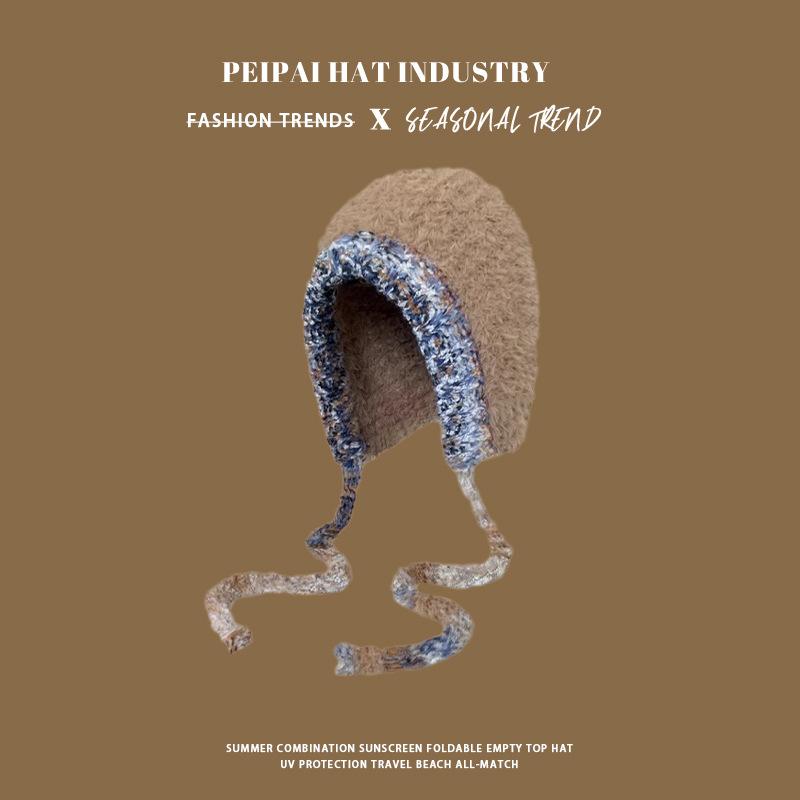 Plush ear protection bag head hat women's wool knitted hat mixed color drawstring warm casual cold hat