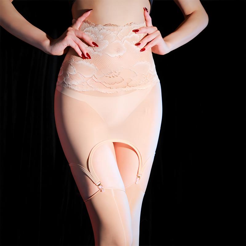 Damen Sexy Strümpfe mit Hüftrock zum Wickeln Ölglänzende Strumpfhose Spitze Transparent Ultraelastische Strumpfhose Ultradünne Sheer Strumpfhose