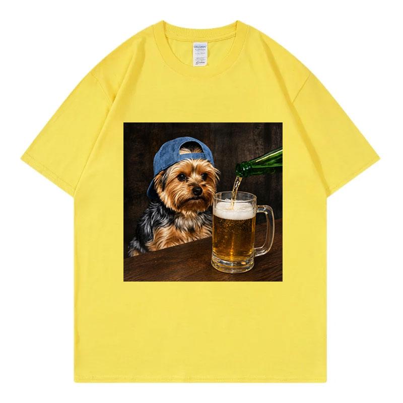 Yorkie Drinking Beer Funny Meme Graphic T Shirts Summer Casual  Short Sleeve T-shirtWomen Fashion O-Neck T-shirt
