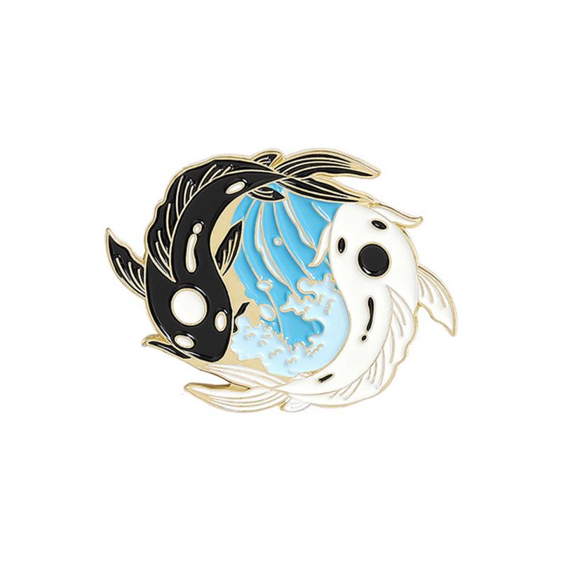 Creative Brooch: Black & White Fox and Fish in a Bagua Pattern