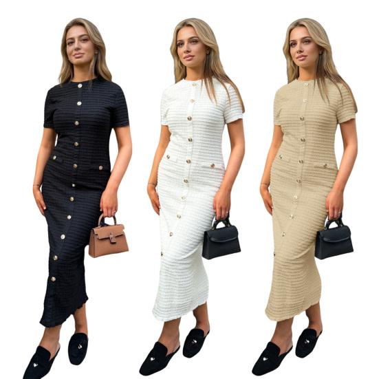 Rochie Lungă Tricotată cu Nasturi pentru Femei Mânecă Scurtă Gât Rotund Rochie Tip Sacou Rochie Formală pentru Invitați la Nuntă Petrecere Rochie de Cocktail