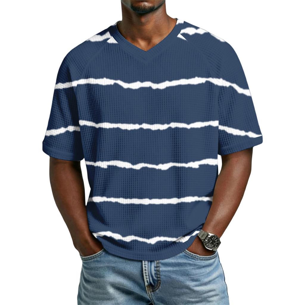 Men's Casual Stylish Striped Texture Printed Short-sleeved Shirt Men's Breathable V-neck Short-sleeved Top