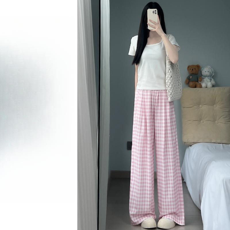 

Женские летние брюки в синюю клетку, новые, с высокой посадкой, свободные и тонкие, прямые, в корейском повседневном стиле, ленивые широкие брюки XL