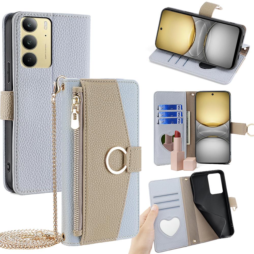 For Realme C75/14x 5G Case Mirror Wallet Leather Phone Cover with Chain Shoulder Strap