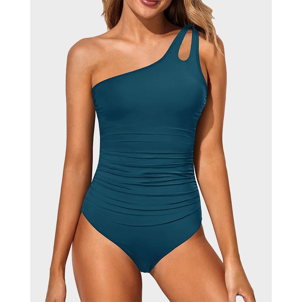 European and American New One-shoulder One-piece Tight Swimsuit for Women's Sexy Solid-color Halter Swimsuit