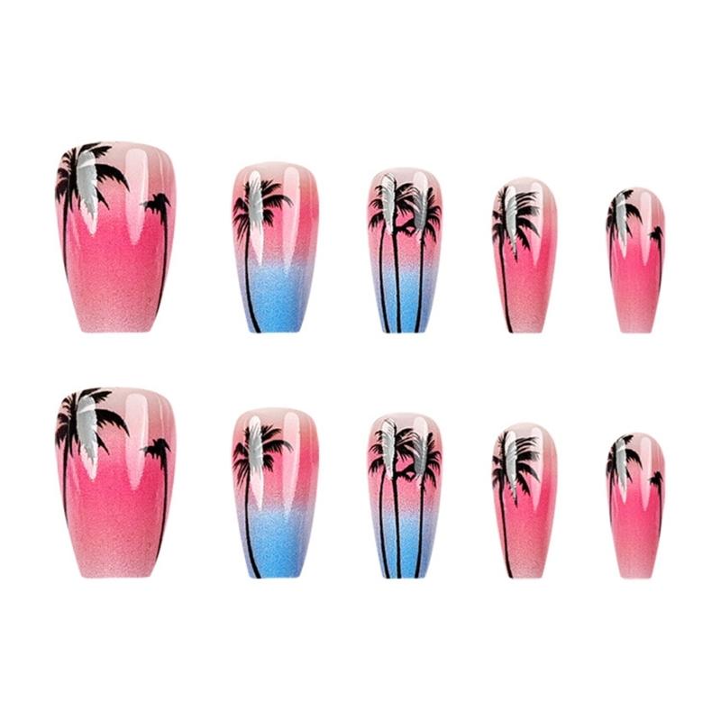 24pcs Medium Length Summer Press on Nail Full Cover False Nail with Seaside and Coconut Tree Designs