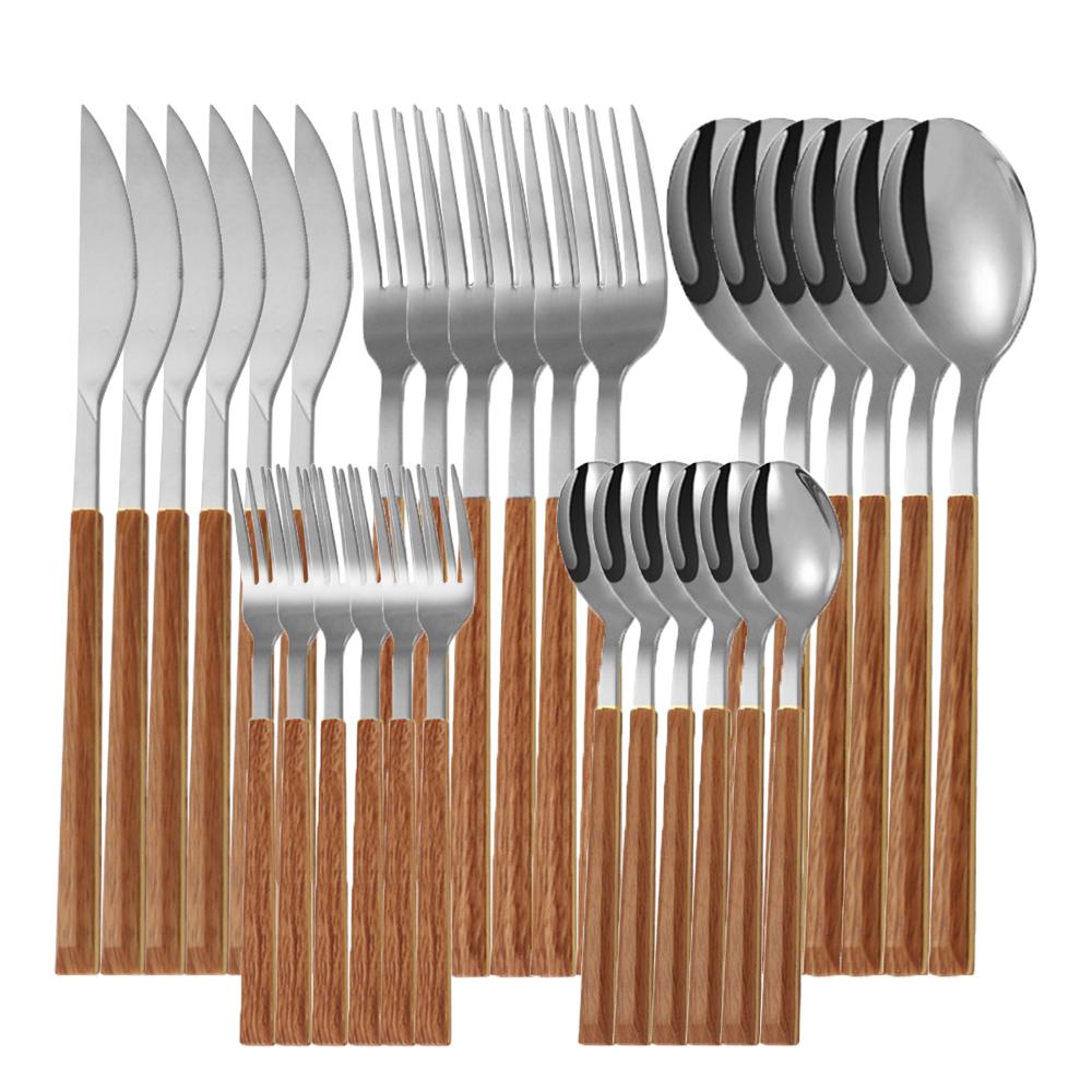 16/24/30Pcs Stainless Steel Imitation Wooden Handle Cutlery Set Silver Dinnerware Knife Spoon Fork Tableware Set