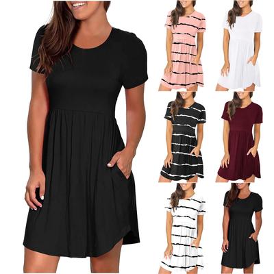 Fashion Womens Summer Round Neck Printed Pullover Short Sleeve Pleated Pocket Dress