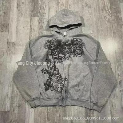 "Unisex Kostrová Mikina na zips s kapucňou – Americká retro potlač"