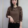 Women Spring and Autumn Round Neck Solid Color Sweater Lace Long Sleeve Patchwork Embroidered Pullovers