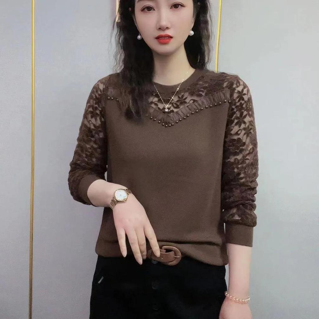 Women Spring and Autumn Round Neck Solid Color Sweater Lace Long Sleeve Patchwork Embroidered Pullovers