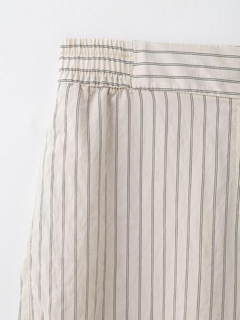 Spring 2025 Women's European & American Style Striped Short Sleeve Shirt with Casual Long Pants