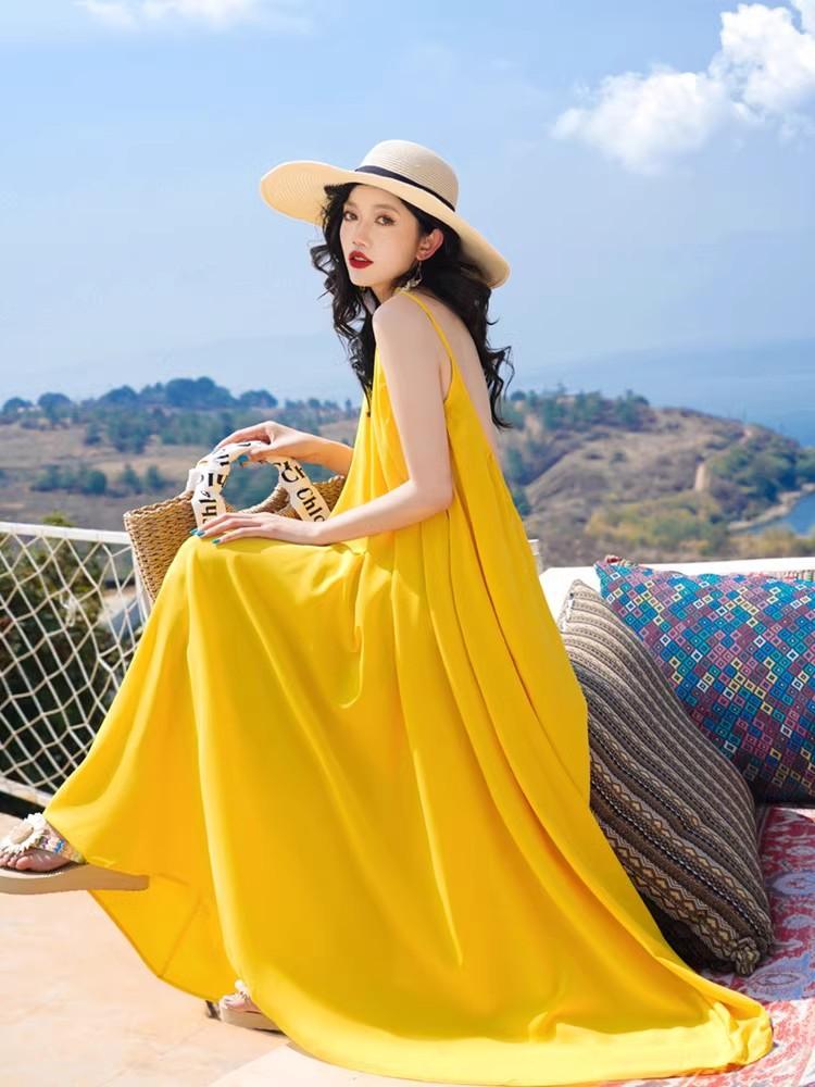 Photo Beach Dress High-end Female Summer Super Fairy Backless Long Dress Seaside Vacation Yellow Dress