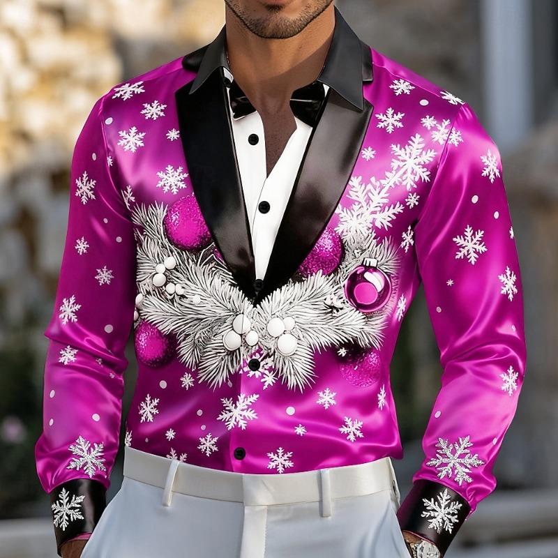 Christmas Men's Christmas Costume Suit Tie Printed Tuxedo Shirt Dress Shirt Long Sleeve Fashion Casual Outdoor Party Spring Fall