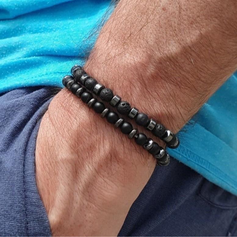 Neu Matt Schwarze Perle Vulkangestein Herren Armband Set Doppellagig Naturstein Perlenarmbänder Geschenke