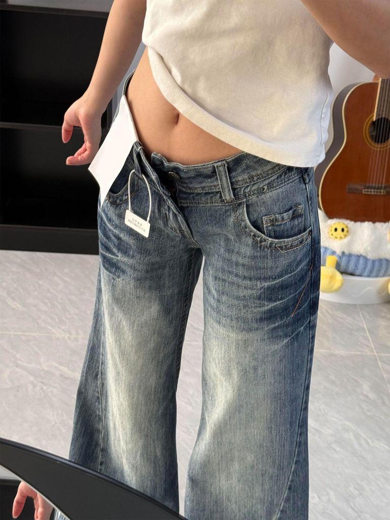 Jeans Donna Micro-Flare Lavati a Vita Bassa - Blu Retrò, Vestibilità Larga, Lunghezza Maxi, Collezione Autunnale Petite