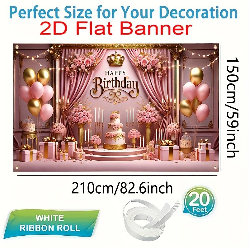 2D flat banner, 1 piece, pink and gold theme birthday background banner, in various sizes of polyester materialzyc