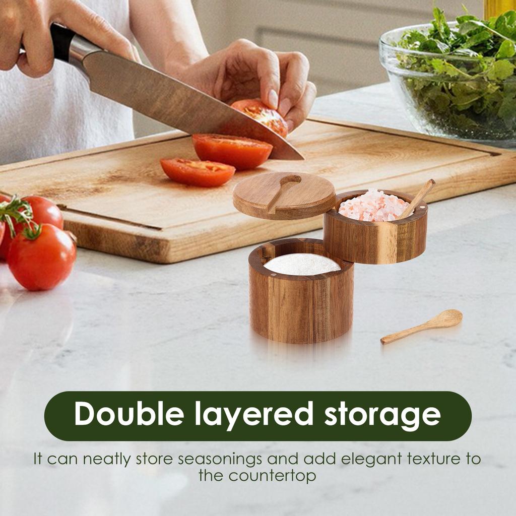 2 Layer Acacia Wood Salt and Pepper Bowl Box with Lid and Spoon Wood Salt Cellar Salt Jar Spice Seasoning Container Kitchen Tool
