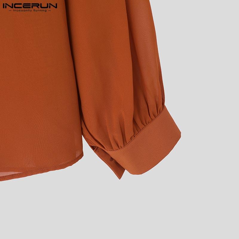 INCERUN Camicie da uomo con collo a revers, maniche lunghe, bottoni, in rete trasparente