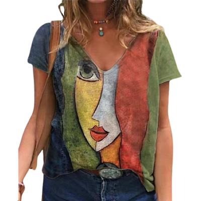 Camiseta feminina com estampa 3D e decote em V, casual, de verão, grande, estampa, solta, vintage, feminina, moda urbana, manga curta, tamanho S-5XL
