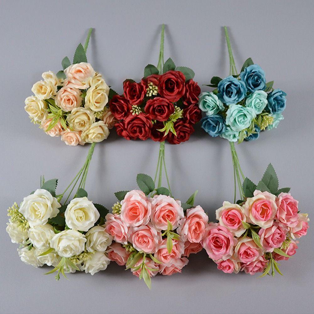 

10 Heads Artificial Rose Bouquet 6 Colors Artificial Flowers Wedding Decoration Flowers темно-рожевого кольору