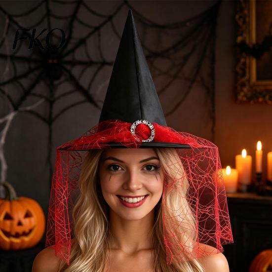 Sweet Lace Witch Hat Steeple Halloween Hat, with Edge, Lightweight Fabric Breathable Pointed Headwear, for Cosplay Party Costume Decorative