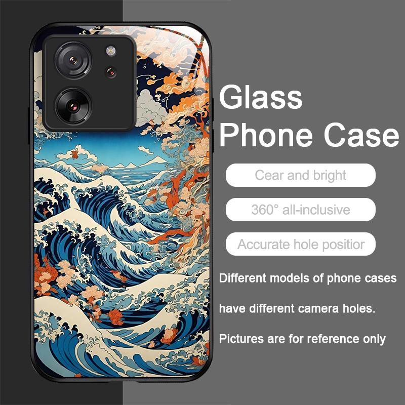 Tempered Glass Phone Case for Motorola Moto G85 G84 G75 G55 Edge 50 Fusion 40 Neo 30 Pro Japanese Ancient Structure Waves Cover