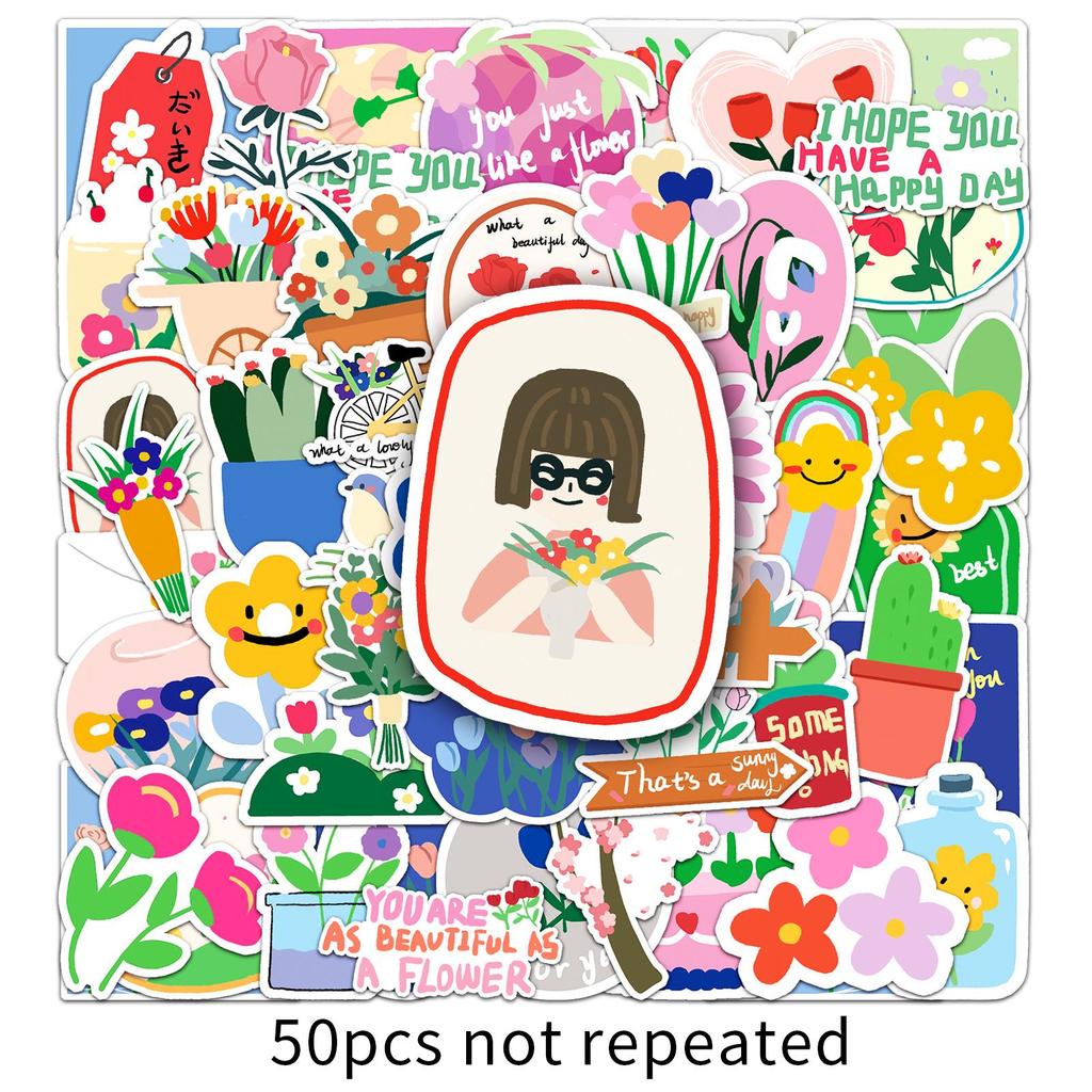 50 Original Flower Cartoon Plant Stickers for DIY Notebook, Laptop, or Hand Account Decoration